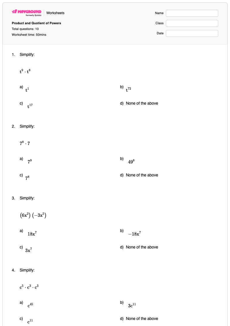 Product and Quotient of Powers - Printable Product-of-powers Worksheets - Wayground