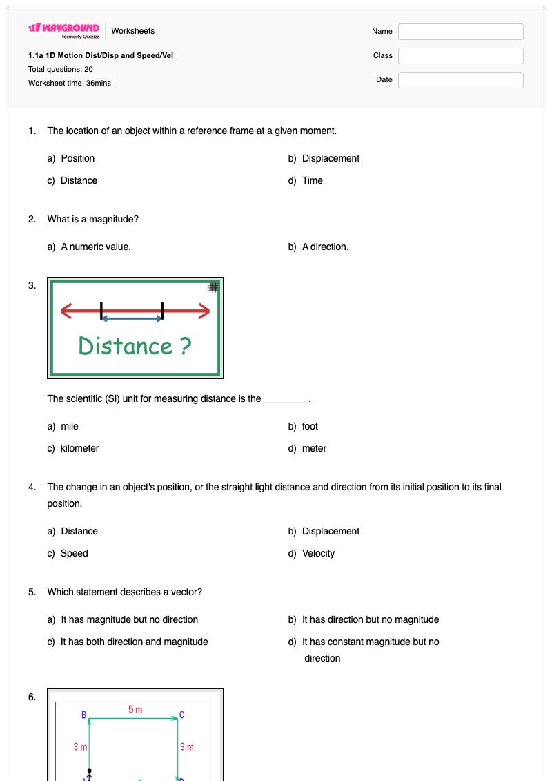 1.1a 1D Motion Dist/Disp and Speed/Vel - Printable Distance-and-displacement Worksheets - Wayground