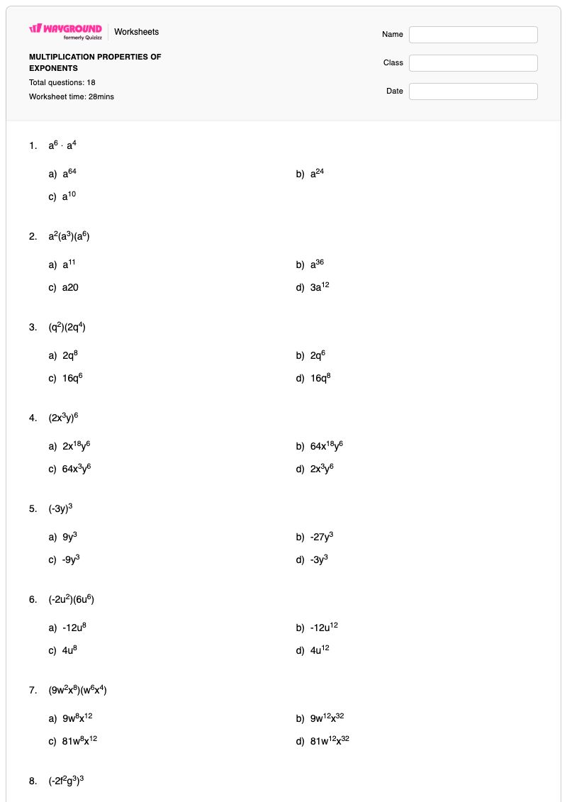 MULTIPLICATION PROPERTIES OF EXPONENTS - พิมพ์ได้ คุณสมบัติของเลขยกกำลัง เวิร์กชีท - Wayground