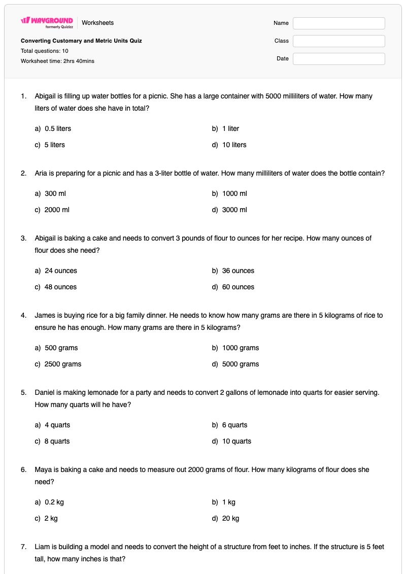Converting Customary and Metric Units Quiz - พิมพ์ได้ การแปลงหน่วยวัดแบบดั้งเดิม เวิร์กชีท - Wayground