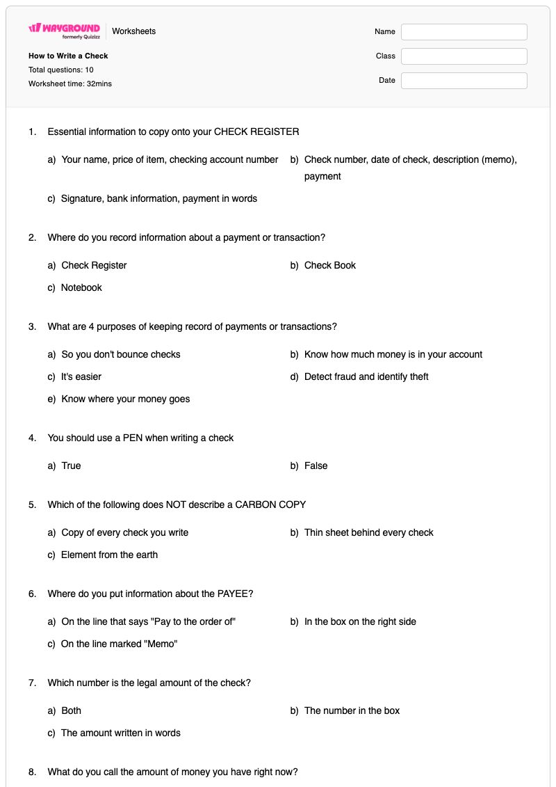 How to Write a Check - Printable Running-balance Worksheets Kindergarten - Wayground