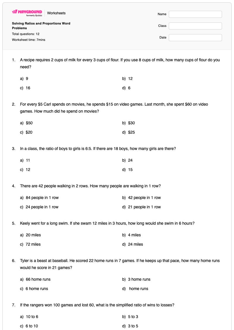 Solving Ratios and Proportions Word Problems - พิมพ์ได้ โจทย์ปัญหาเกี่ยวกับสัดส่วน เวิร์กชีท - Wayground