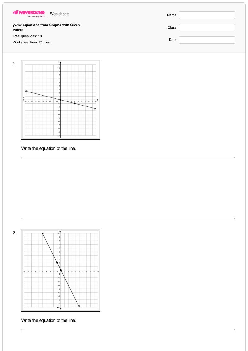 y=mx Equations from Graphs with Given Points - Printable Equation-of-a-line Worksheets - Wayground