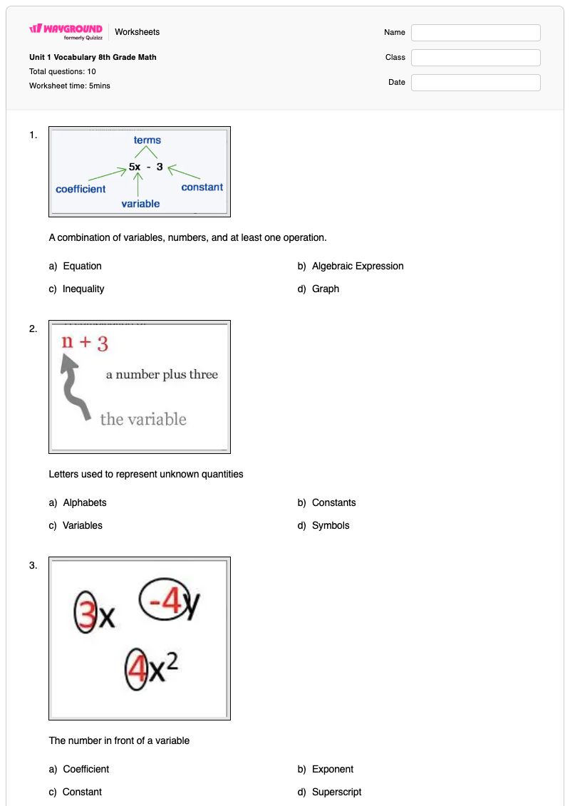 Unit 1 Vocabulary 8th Grade Math - Printable Math Worksheets Year 8 - Wayground