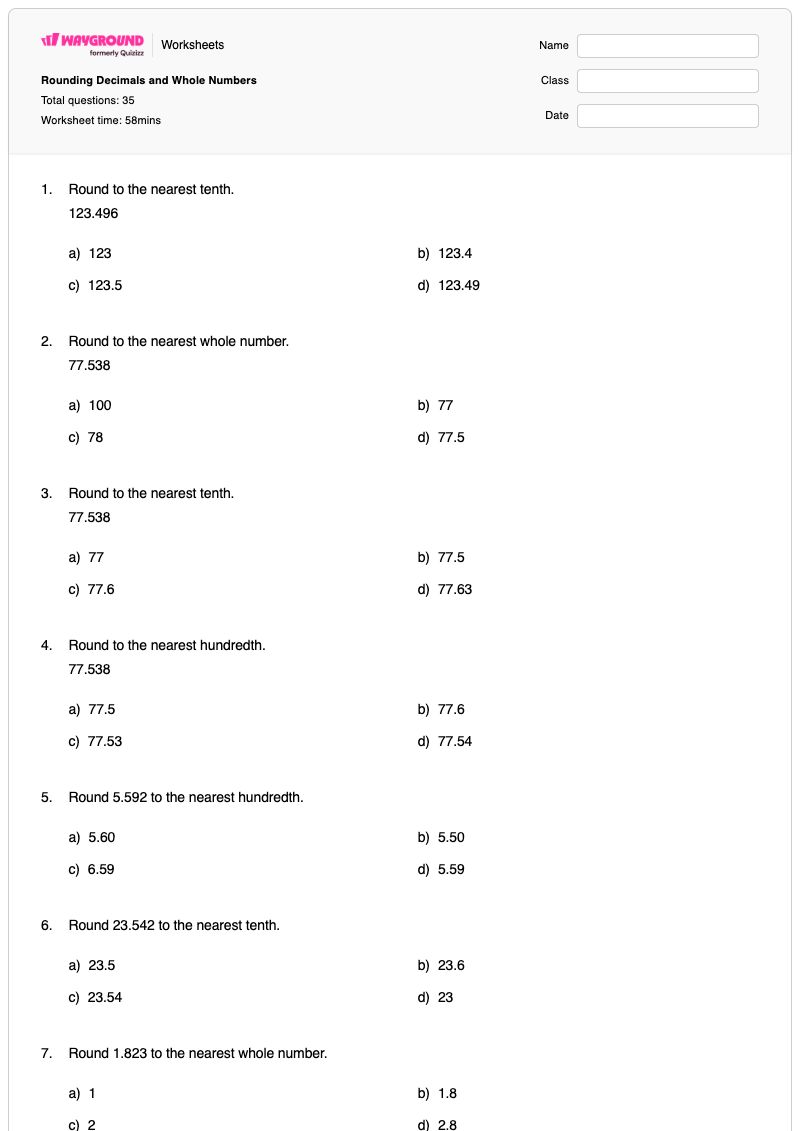 Rounding Decimals and Whole Numbers - พิมพ์ได้ Rounding-whole-numbers เวิร์กชีท - Wayground