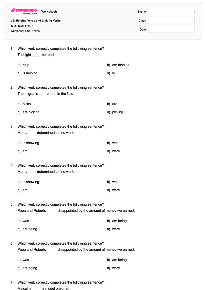 U4: Helping Verbs and Linking Verbs - พิมพ์ได้ คำกริยาเชื่อม เวิร์กชีท ระดับ 8 - Wayground