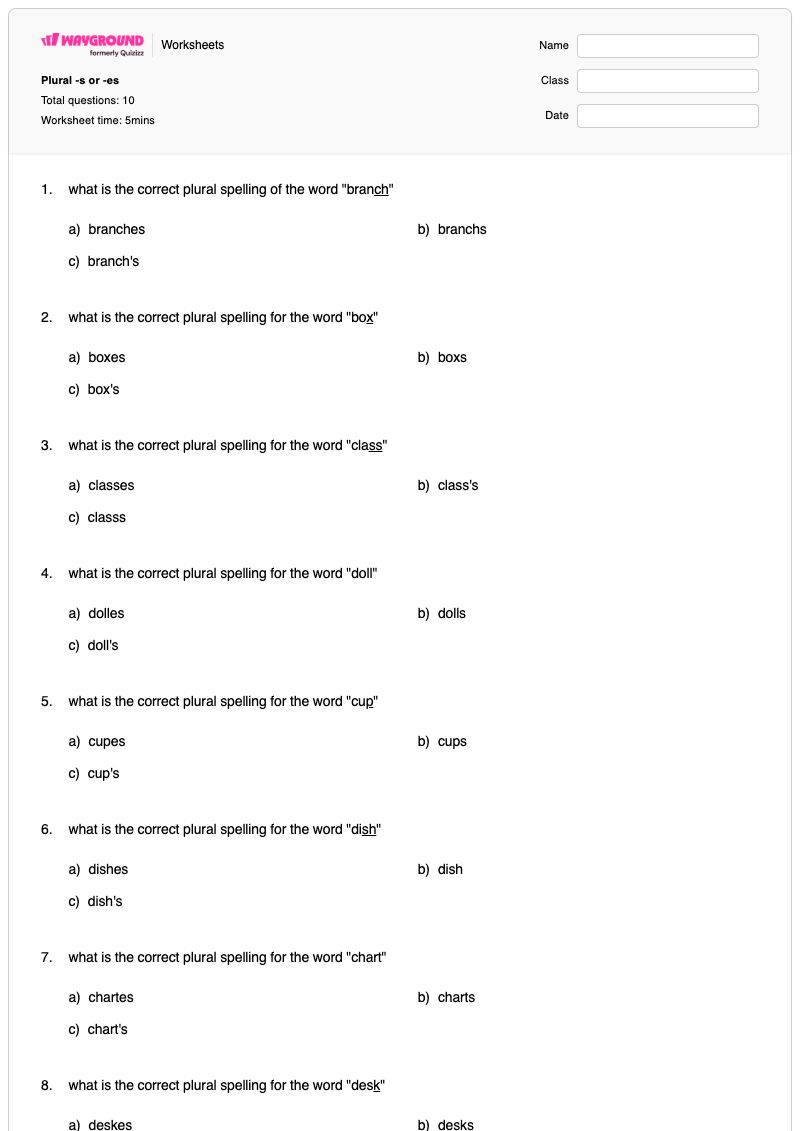 Plural -s or -es - พิมพ์ได้ Plural-rules เวิร์กชีท ระดับ 2 - Wayground