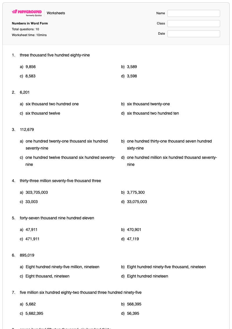 Numbers in Word Form - พิมพ์ได้ คำศัพท์เกี่ยวกับตัวเลข เวิร์กชีท - Wayground
