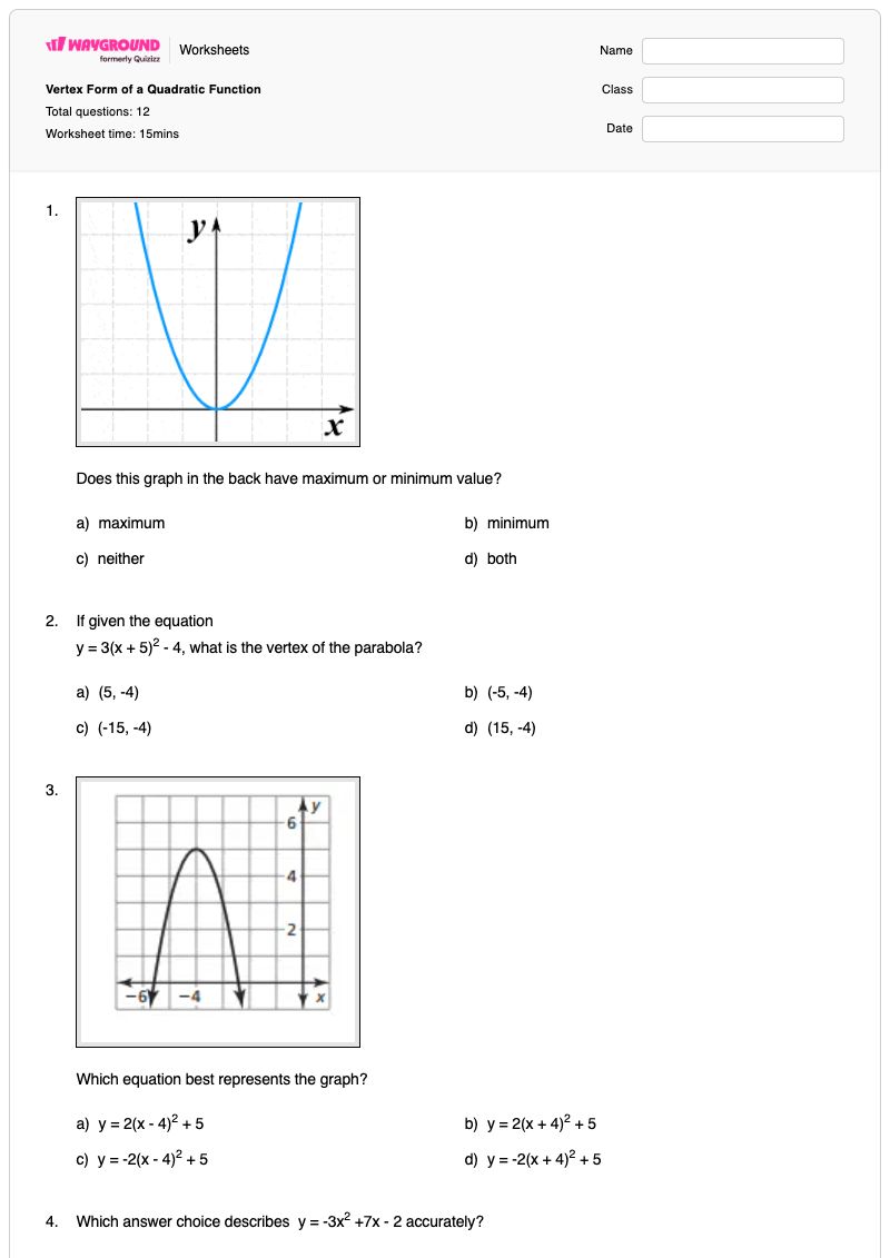 Vertex Form of a Quadratic Function - พิมพ์ได้ Vertex-form เวิร์กชีท - Wayground