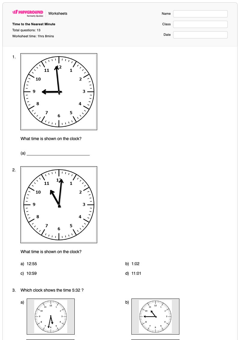 Time to the Nearest Minute - Printable Time-to-the-minute Worksheets - Wayground