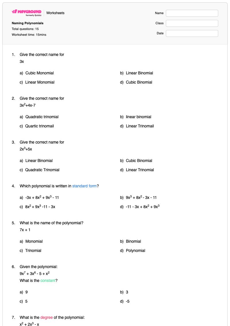 Naming Polynomials - พิมพ์ได้ การตั้งชื่อพหุนาม เวิร์กชีท ระดับ 8 - Wayground