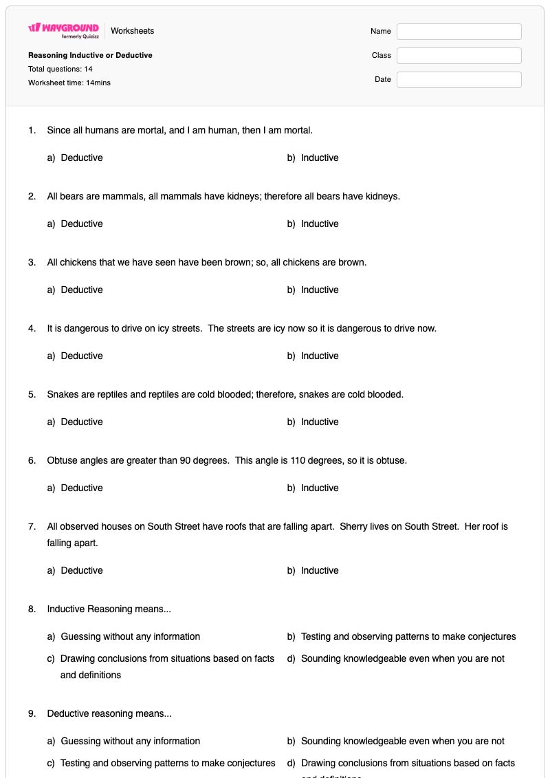 Reasoning Inductive or Deductive - พิมพ์ได้ Inductive-and-deductive-reasoning เวิร์กชีท - Wayground