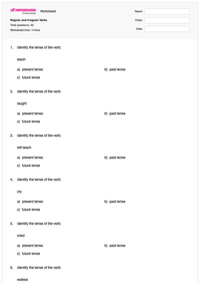 Regular and Irregular Verbs - พิมพ์ได้ ประเภทของคำกริยา เวิร์กชีท ระดับ 2 - Wayground