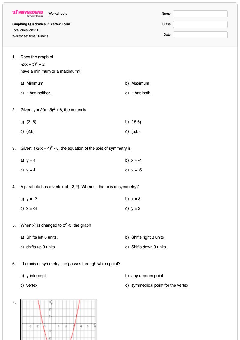 Graphing Quadratics in Vertex Form  - พิมพ์ได้ Vertex-form เวิร์กชีท - Wayground