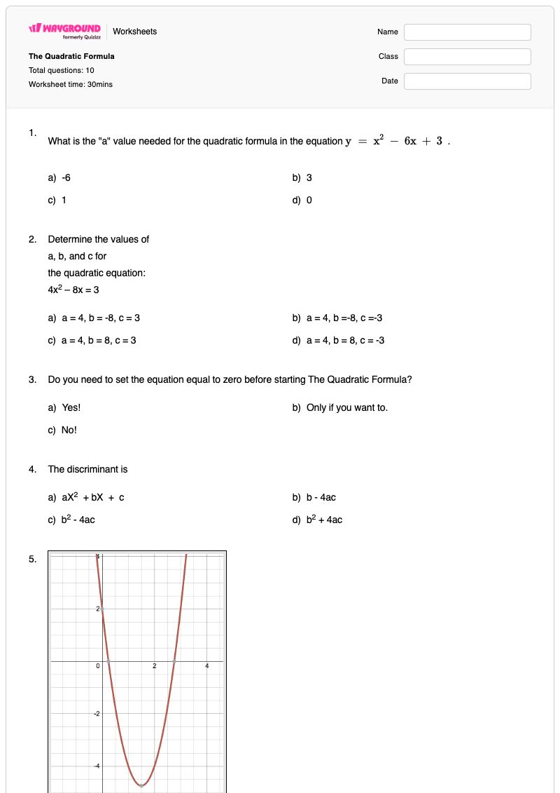 The Quadratic Formula - Printable Quadratic Worksheets - Wayground