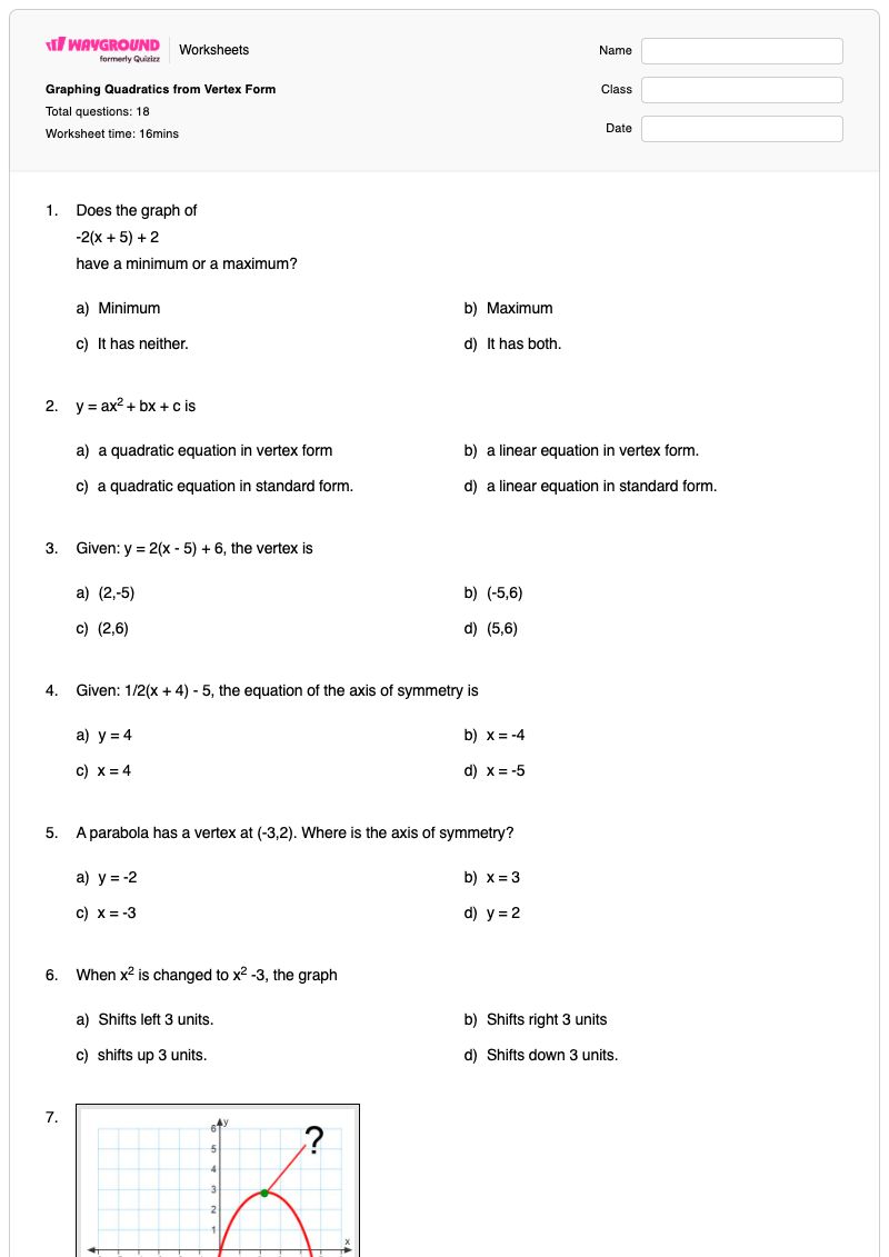 Graphing Quadratics from Vertex Form - พิมพ์ได้ Vertex-form เวิร์กชีท - Wayground