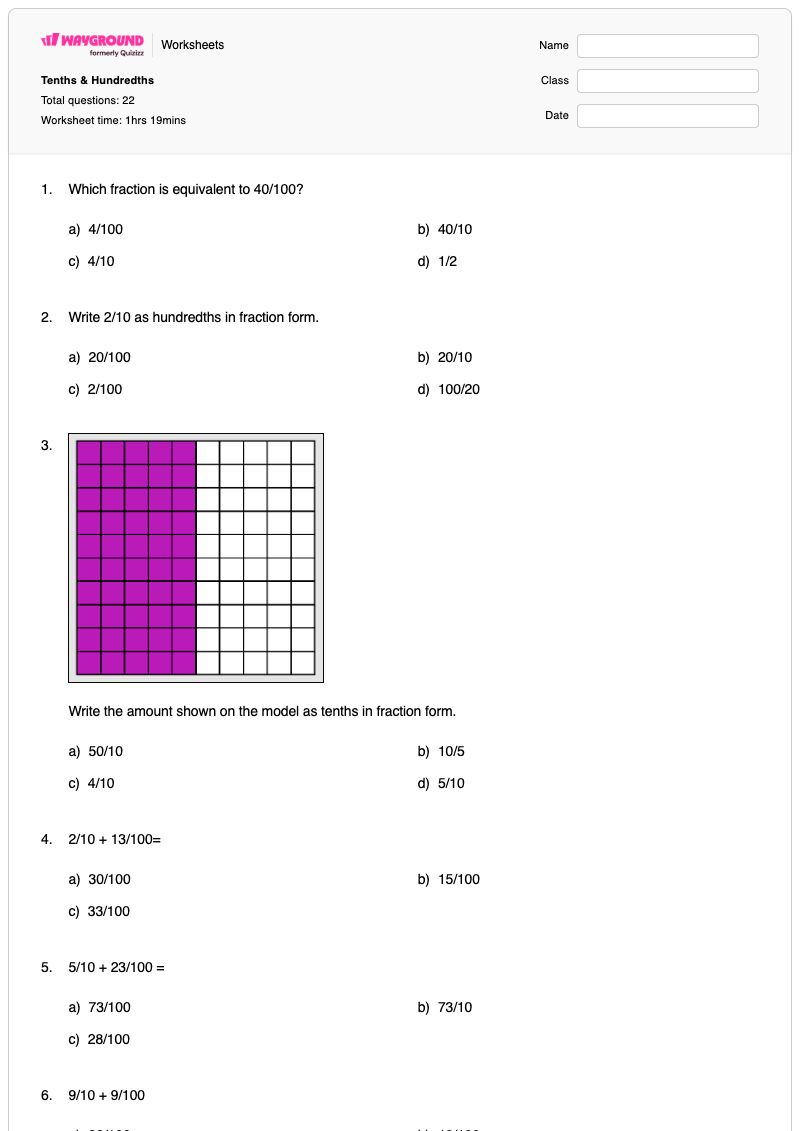 Tenths & Hundredths - พิมพ์ได้ ส่วนสิบและส่วนร้อย เวิร์กชีท ระดับ 4 - Wayground