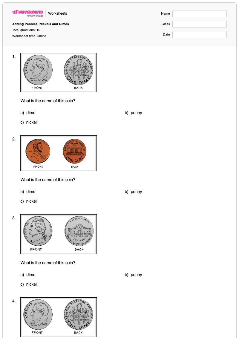 Adding Pennies, Nickels and Dimes - Imprimível Níqueis Fichas-de-trabalho - Wayground