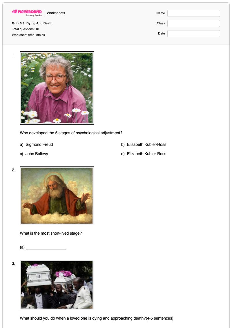 Quiz 5.3: Dying And Death - Printable Stages-of-grief Worksheets - Wayground