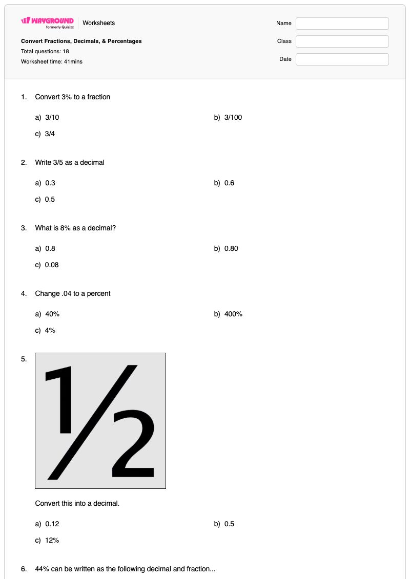 Convert Fractions, Decimals, & Percentages - พิมพ์ได้ การแปลงเลขทศนิยมเป็นเศษส่วน เวิร์กชีท - Wayground