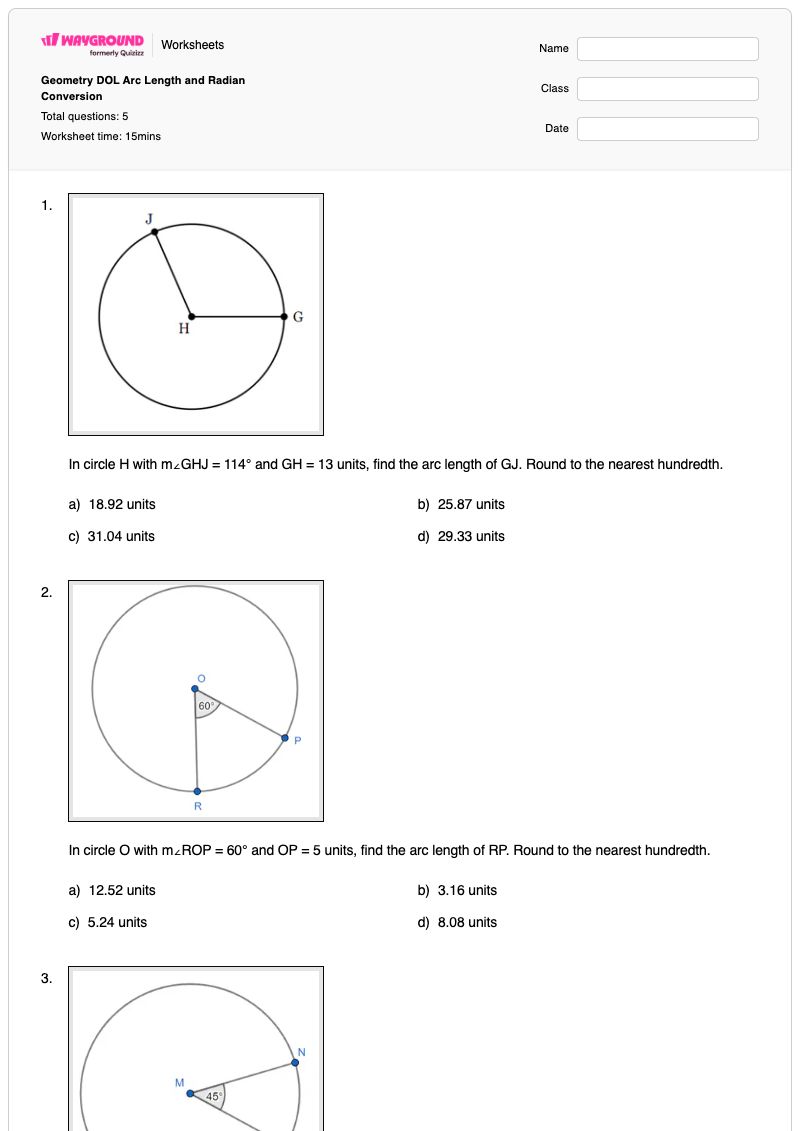 Geometry DOL Arc Length and Radian Conversion - Printable Radians-and-arc-length Worksheets - Wayground