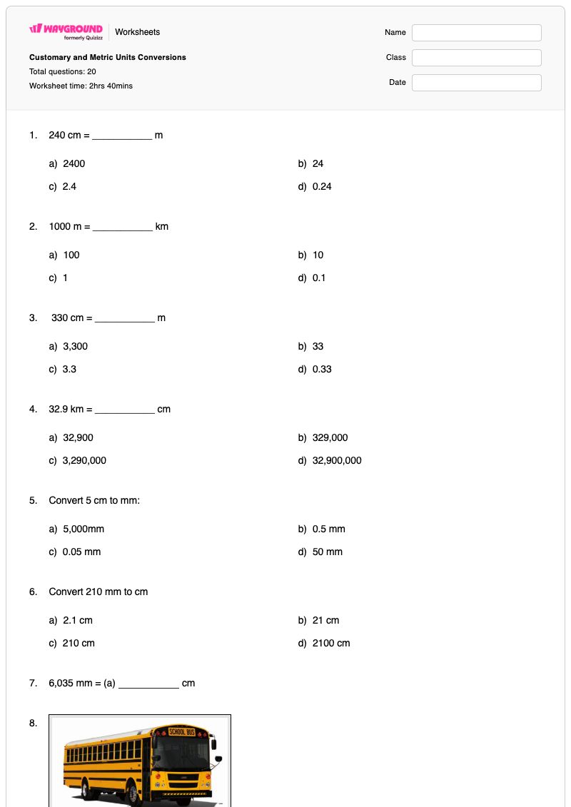 Customary and Metric Units Conversions - Printable Scale-and-conversions Worksheets Year 6 - Wayground