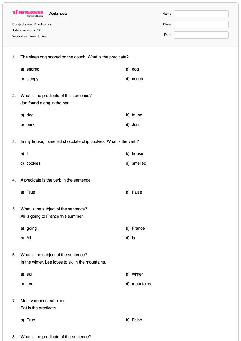 Subjects and Predicates - พิมพ์ได้ Complete-predicate เวิร์กชีท ระดับ 2 - Wayground