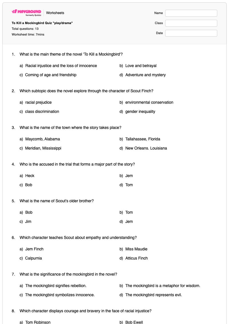 To Kill a Mockingbird Quiz "play/drama" - พิมพ์ได้ การฆ่านกเลียนแบบ เวิร์กชีท - Wayground