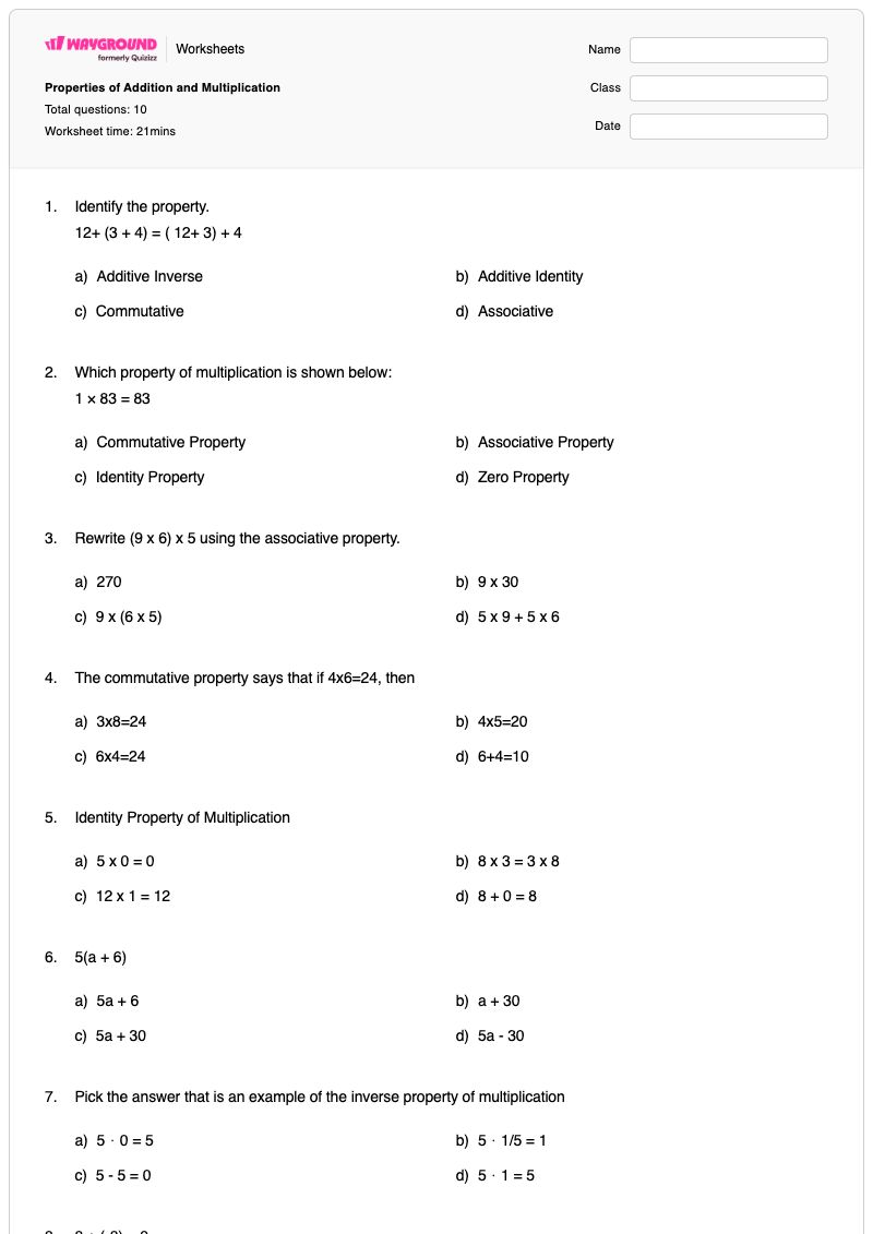 Properties of Addition and Multiplication - พิมพ์ได้ คุณสมบัติของการคูณ เวิร์กชีท - Wayground
