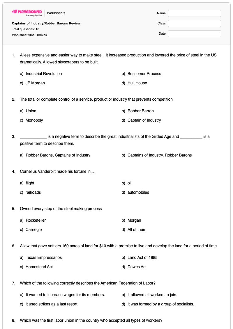 Captains of Industry/Robber Barons Review - Printable Captains-of-industry Worksheets - Wayground