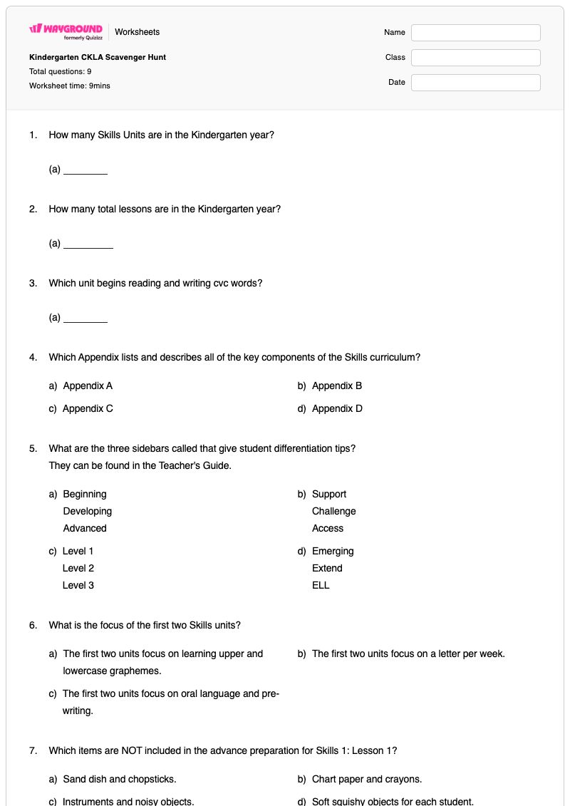 Kindergarten CKLA Scavenger Hunt - Printable Writing Worksheets Kindergarten - Wayground