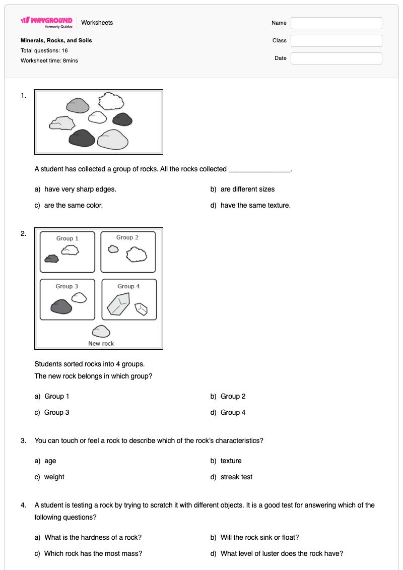 Minerals, Rocks, and Soils - พิมพ์ได้ หินและดิน เวิร์กชีท ระดับ 3 - Wayground