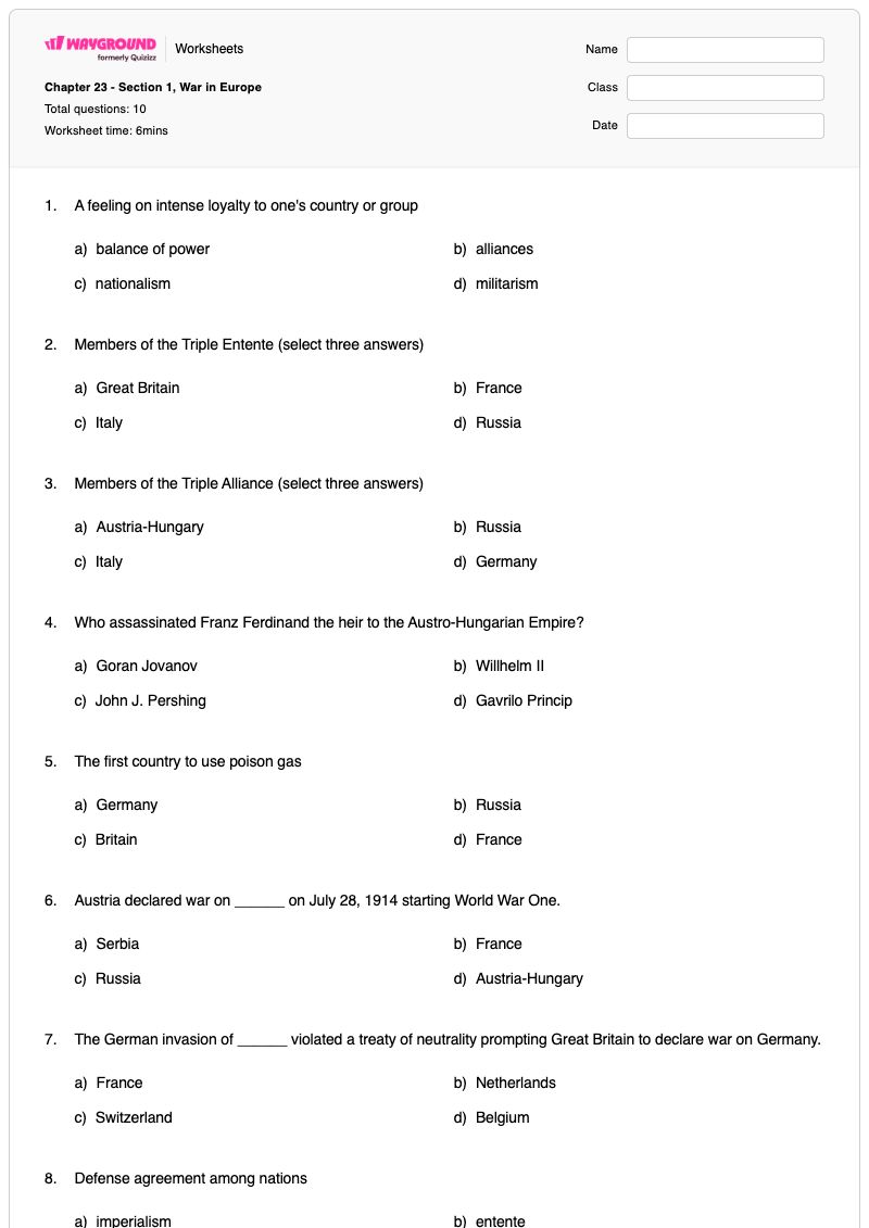 Chapter 23 - Section 1, War in Europe - Printable Power-to-a-power Worksheets - Wayground
