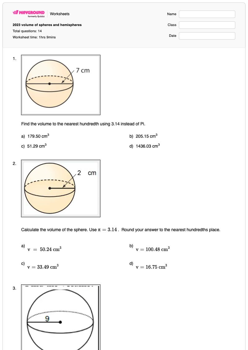 2023 volume of spheres and hemispheres - Printable Volume-of-a-sphere Worksheets - Wayground