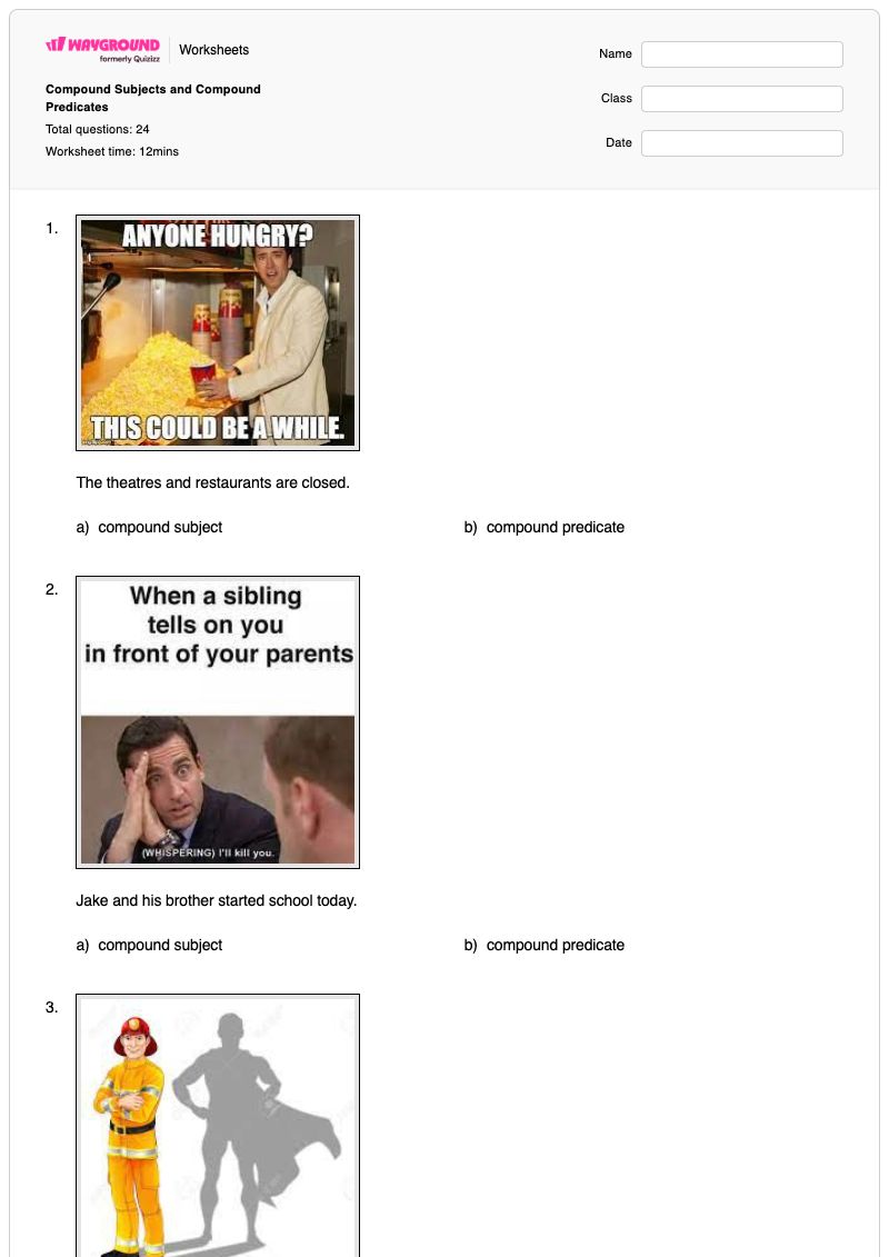 Compound Subjects and Compound Predicates - Printable Subject-complements Worksheets Year 6 - Wayground