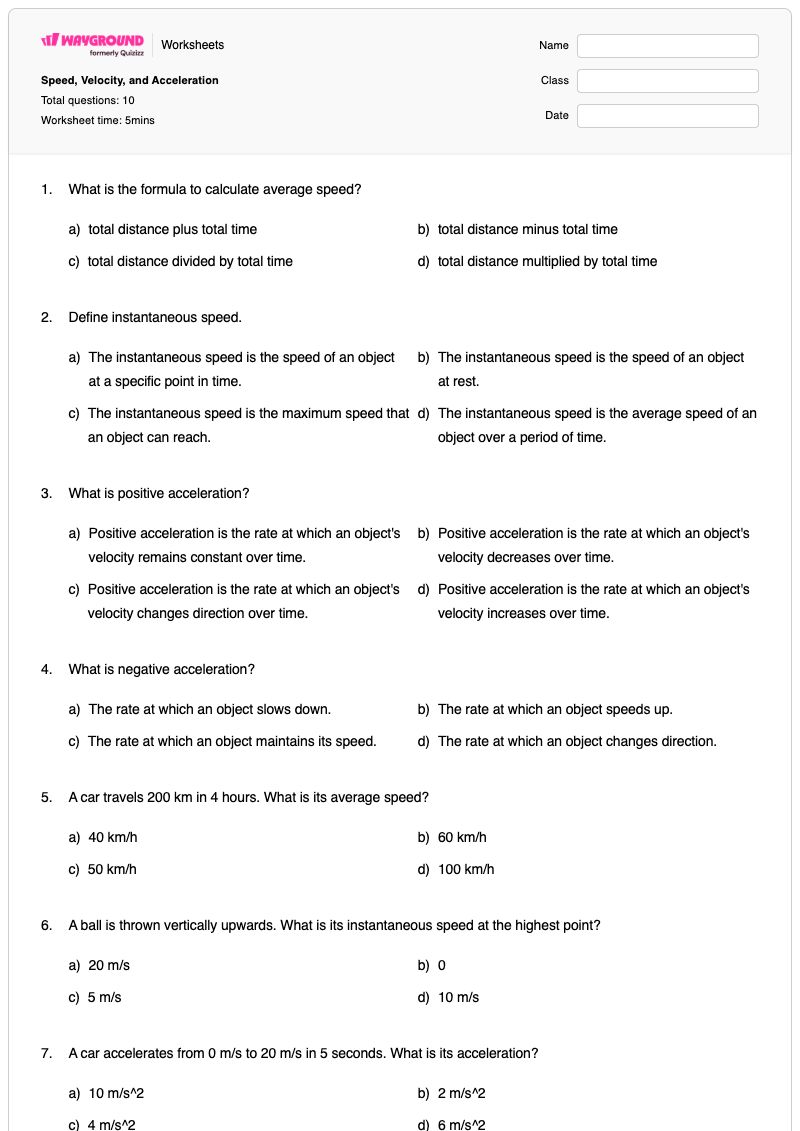 Speed, Velocity, and Acceleration - พิมพ์ได้ ความเร็วและความเร่ง เวิร์กชีท - Wayground