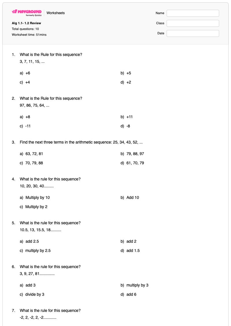 Alg 1.1- 1.2 Review - Printable Algebra Worksheets - Wayground