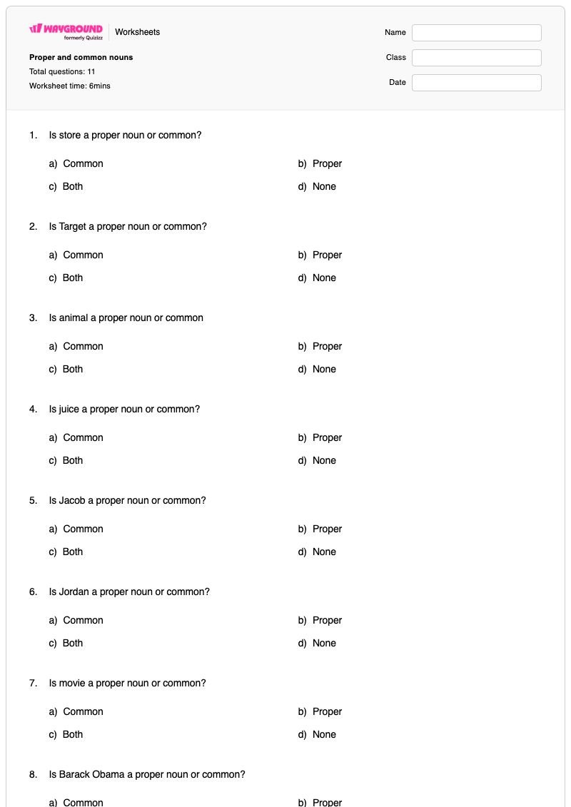 Proper and common nouns - Printable Proper-nouns Worksheets - Wayground