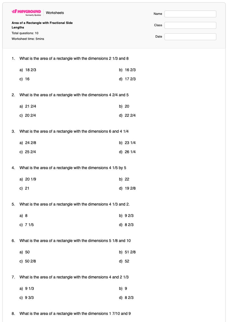Area of a Rectangle with Fractional Side Lengths - Printable Area-with-fractional-side-lengths Worksheets Year 4 - Wayground