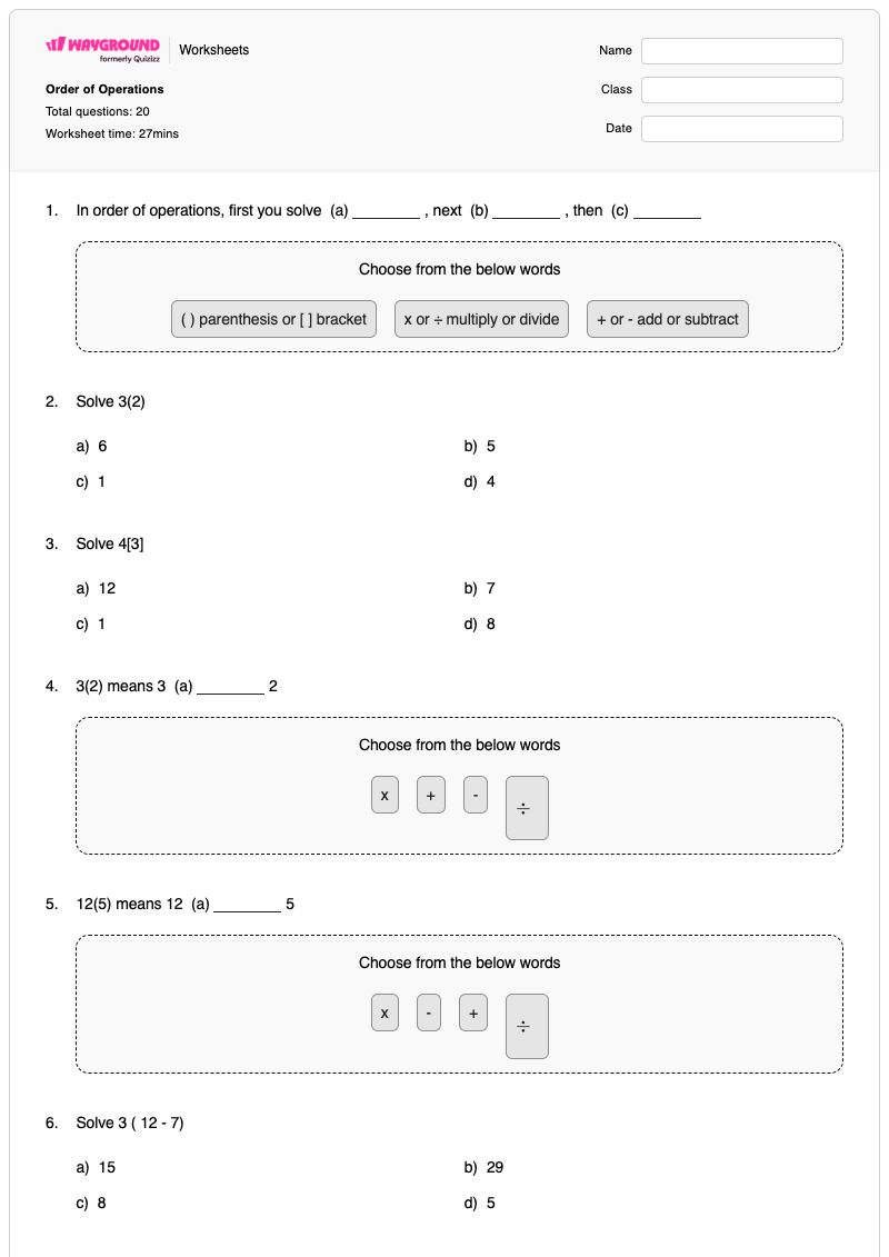 Order of Operations - พิมพ์ได้ Functions-operations เวิร์กชีท ระดับ 5 - Wayground