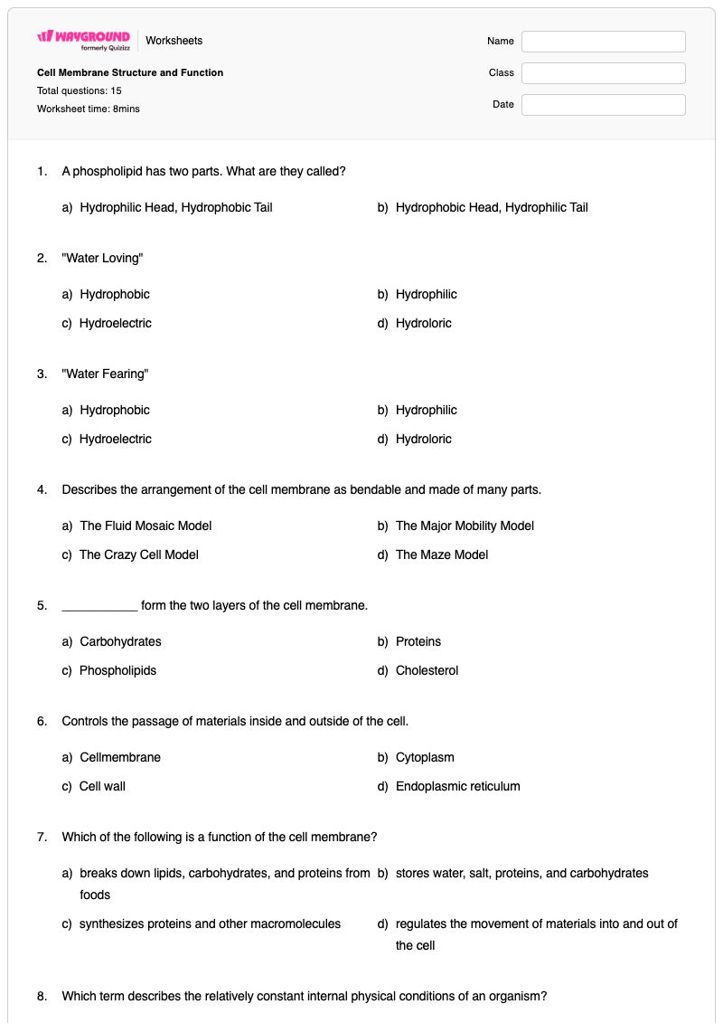 Cell Membrane Structure and Function - พิมพ์ได้ โครงสร้างและหน้าที่ของเยื่อหุ้มเซลล์ เวิร์กชีท - Wayground