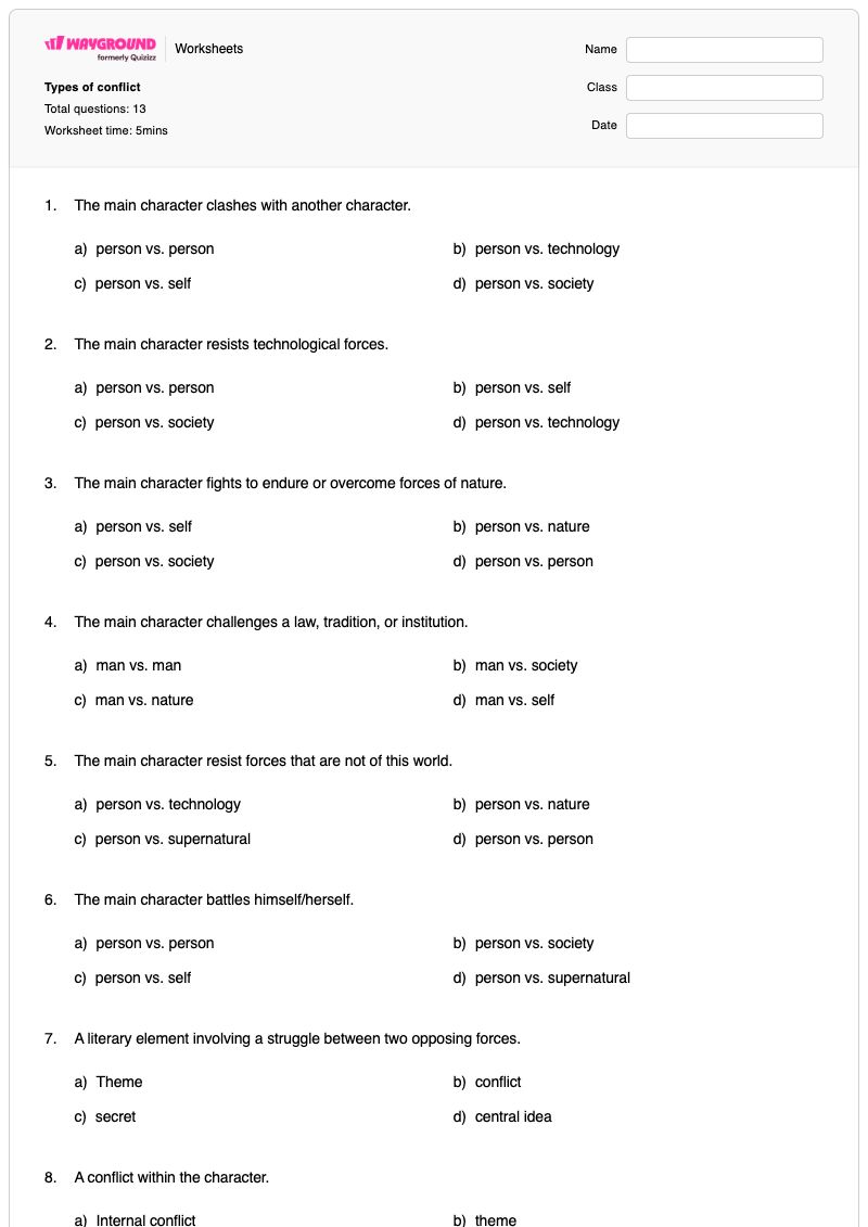 Types of conflict - Printable Types-of-conflict Worksheets Grade 6 - Wayground