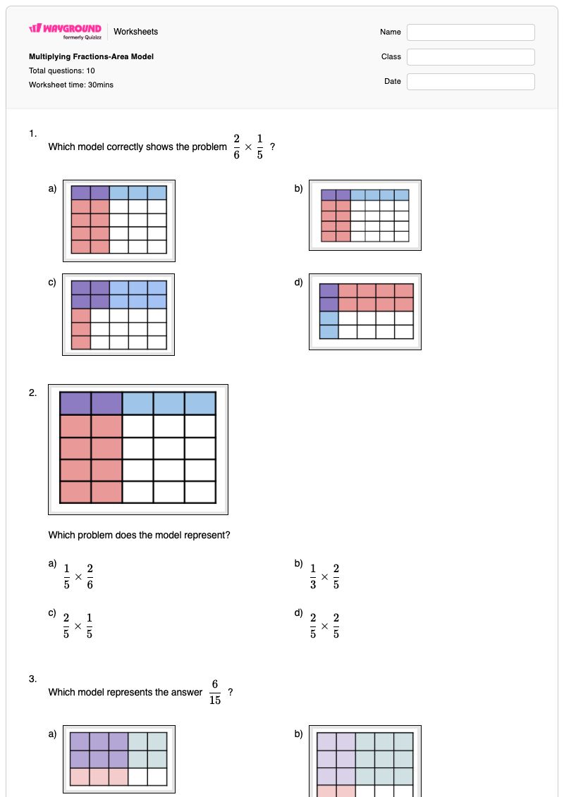 Multiplying  Fractions-Area Model - พิมพ์ได้ แบบจำลองเศษส่วน เวิร์กชีท - Wayground