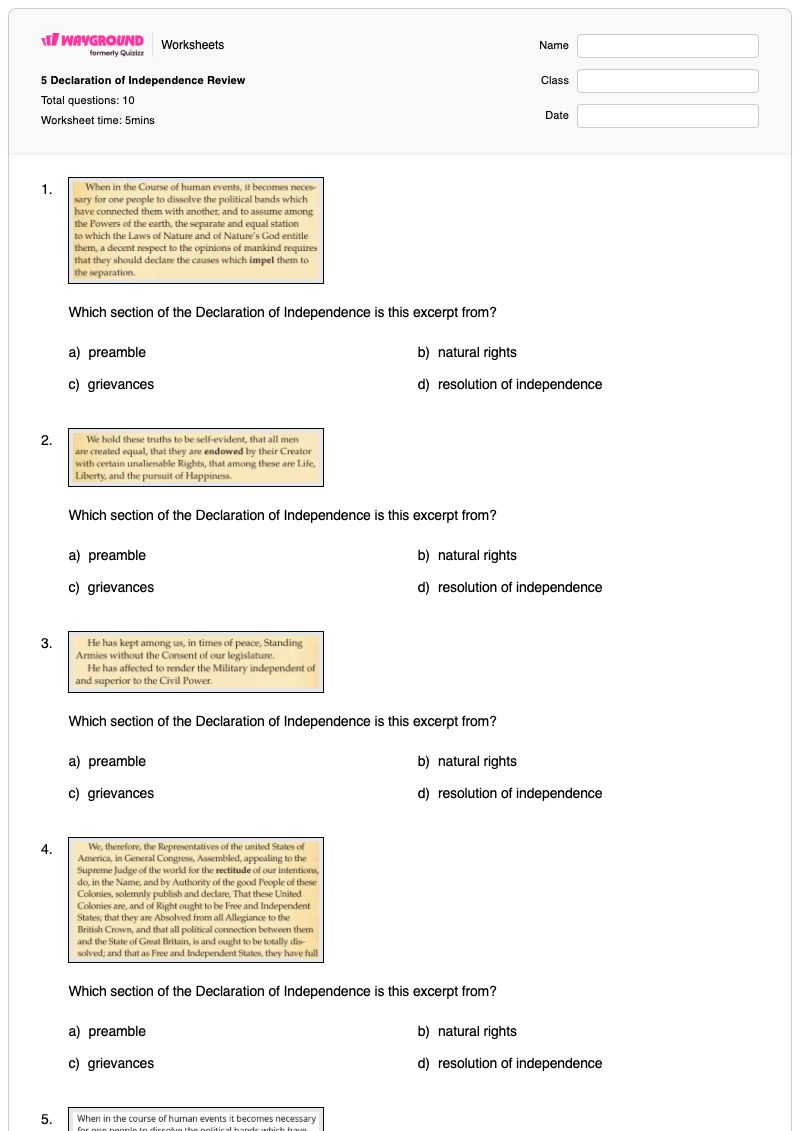 5 Declaration of Independence Review - Printable Declaration-of-independence Worksheets - Wayground