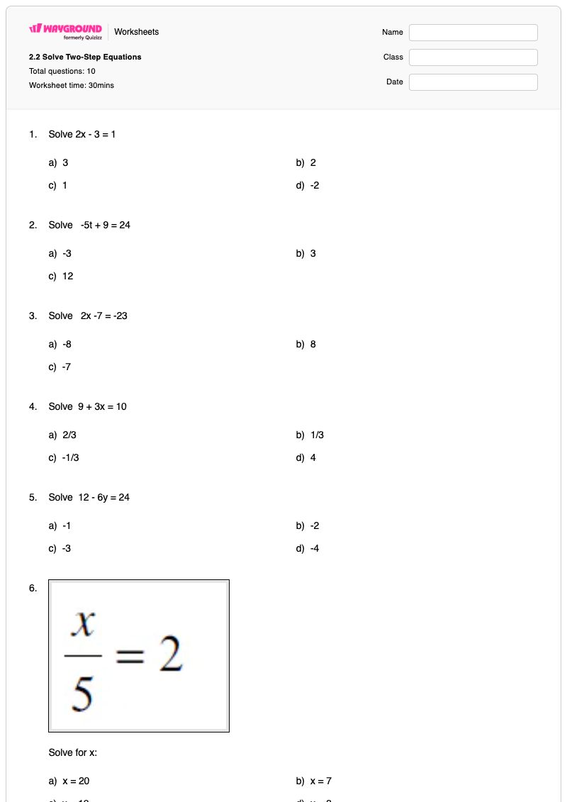 2.2 Solve Two-Step Equations - พิมพ์ได้ สมการสองขั้นตอน เวิร์กชีท - Wayground