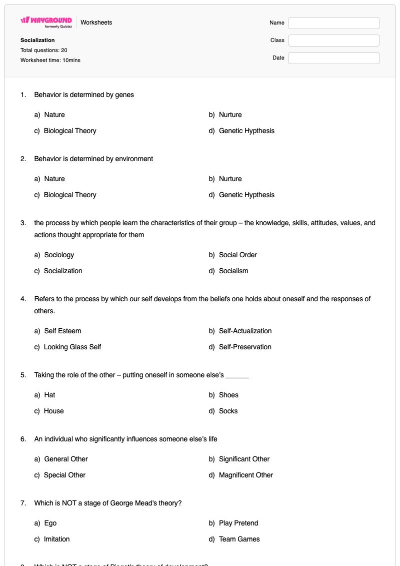 Socialization - Printable Self-monitoring Worksheets - Wayground