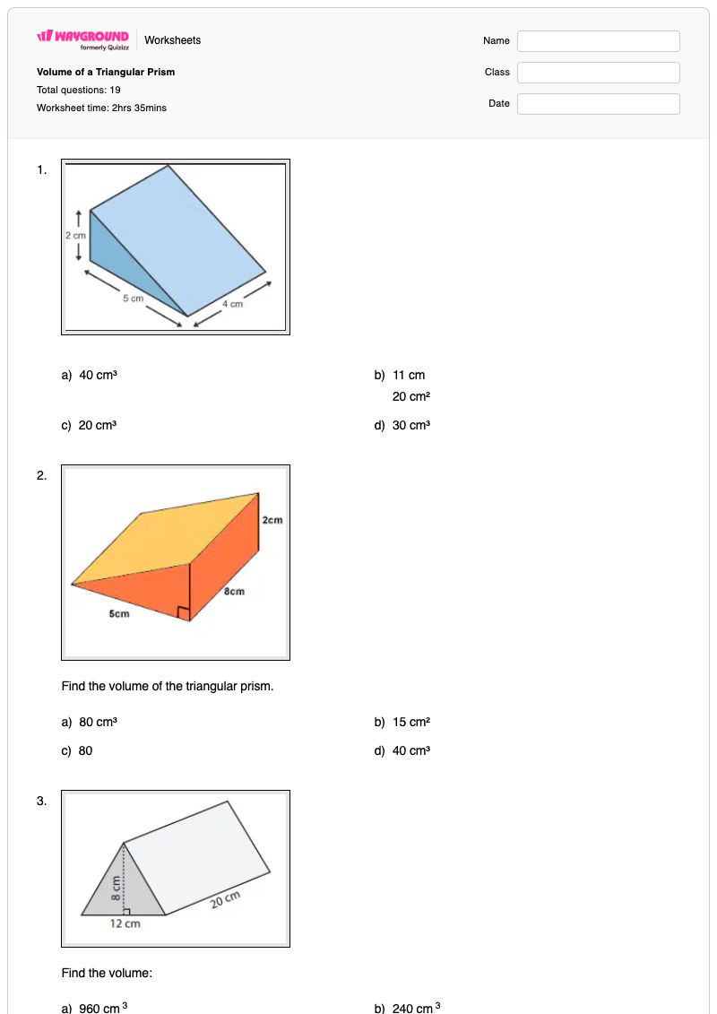 Volume of a Triangular Prism - พิมพ์ได้ Triangular-prisms เวิร์กชีท - Wayground