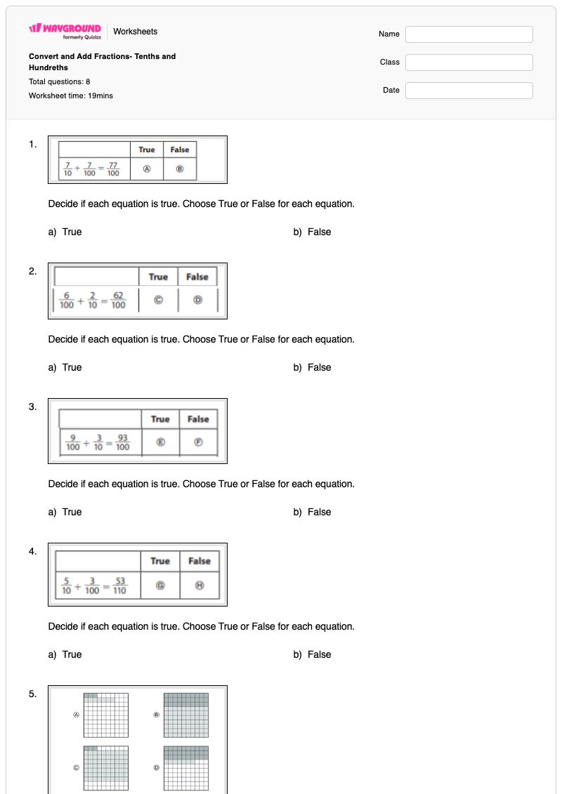 Convert and Add Fractions- Tenths and Hundreths - Printable Tenths-and-hundredths Worksheets - Wayground