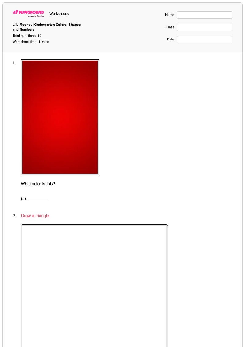 Lily Mooney Kindergarten Colors, Shapes, and Numbers - Printable Word-shapes Worksheets Kindergarten - Wayground