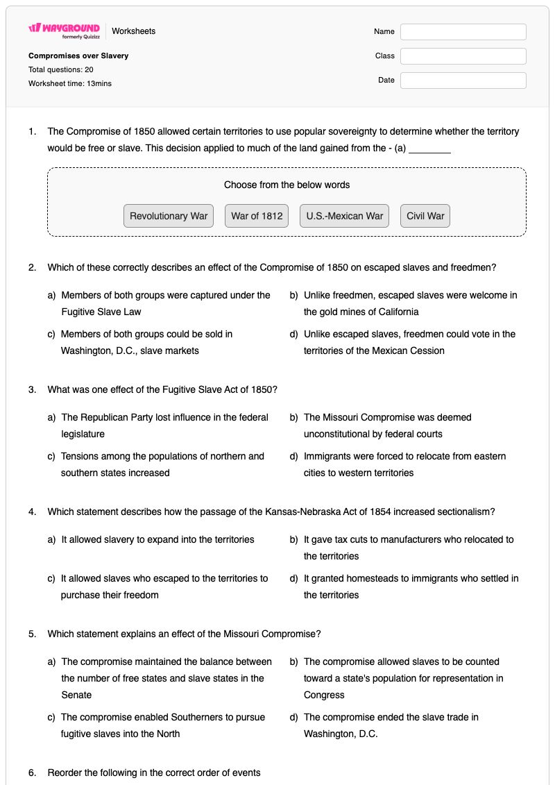 Compromises over Slavery - Printable Change-over-time Worksheets Year 8 - Wayground
